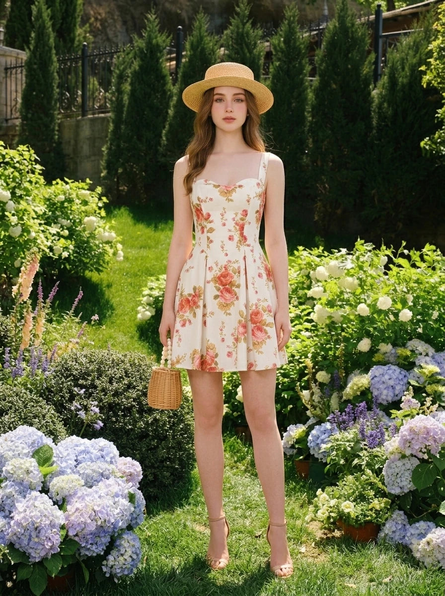 Woman wearing a white floral print A-line dress with a sweetheart neckline and adjustable shoulder straps, holding a straw hat and a basket bag, standing in a garden.