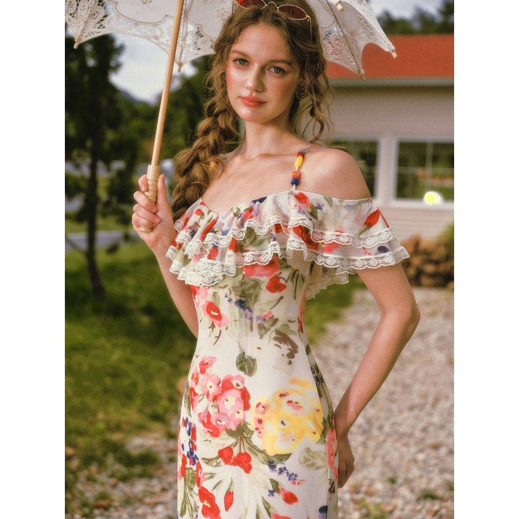 French style floral print midi dress with ruffle edge - View 5 | WEUXS