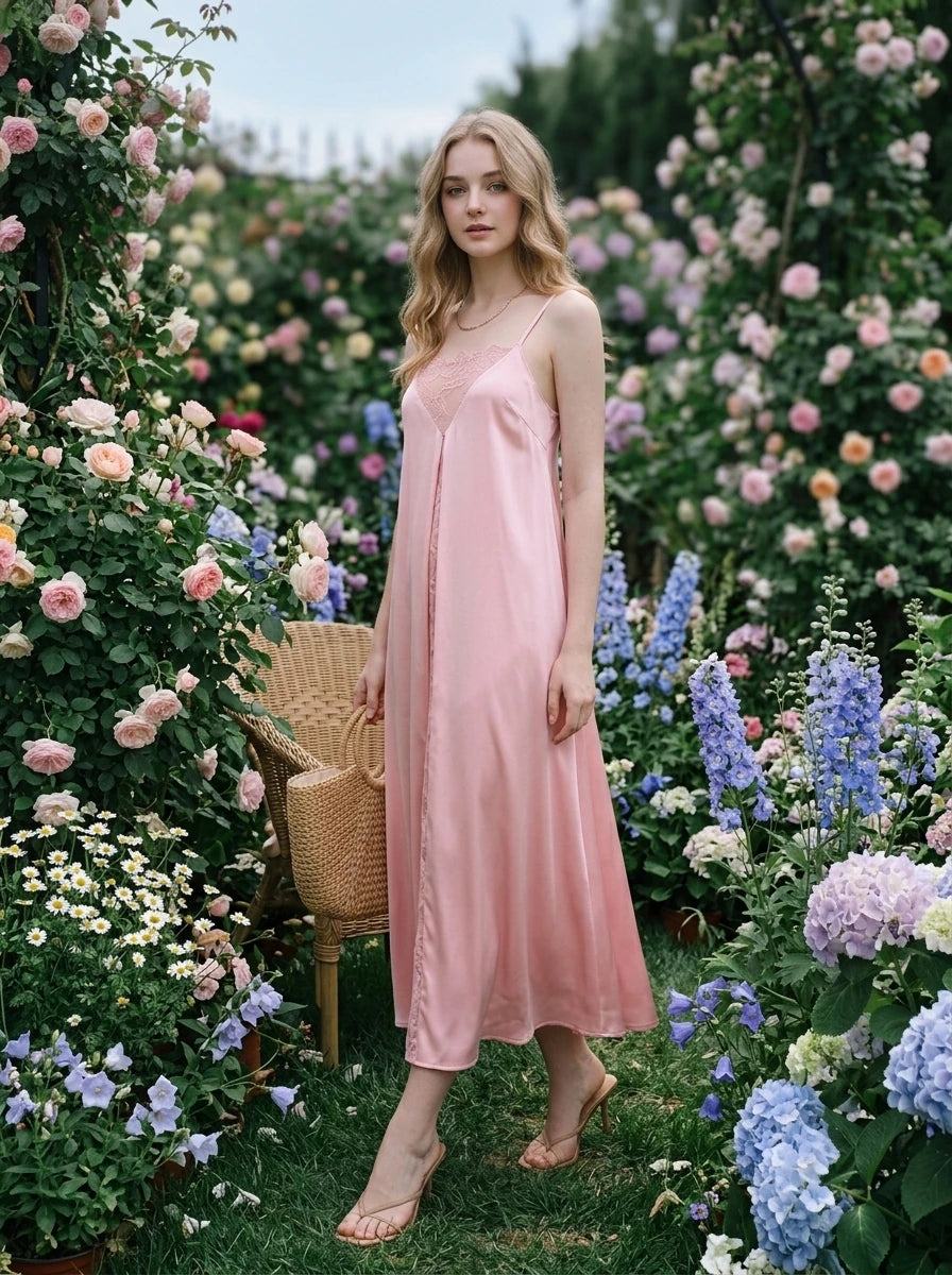 Woman posing in a floral garden wearing a pink satin slip dress.