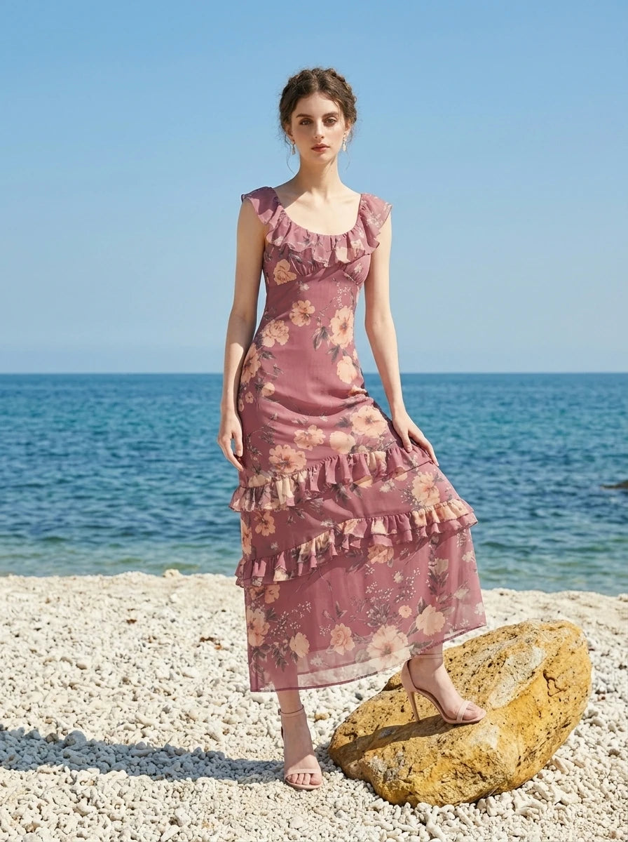 Woman on a beach wearing a floral print chiffon maxi dress with ruffled neckline