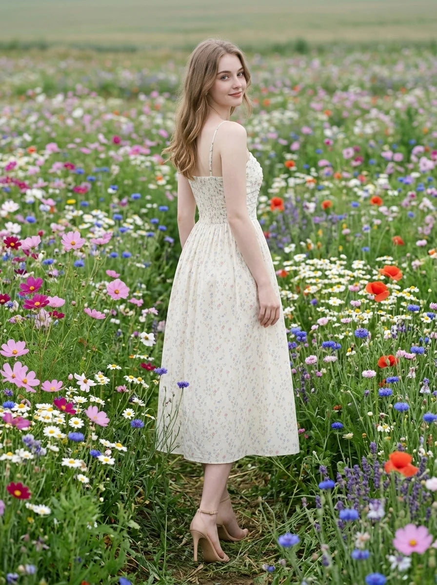 Woman standing in a field of wildflowers wearing a floral print midi dress.