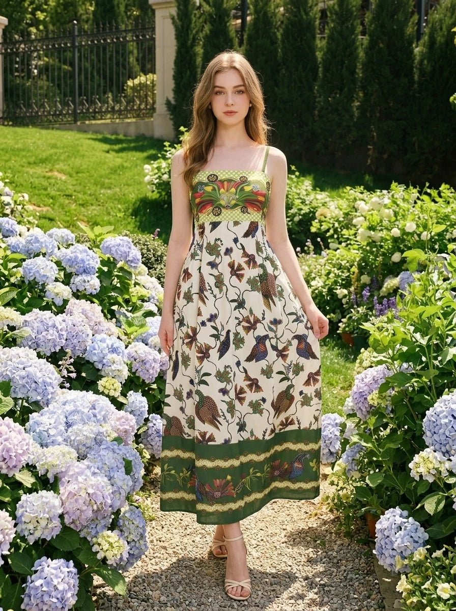 Woman wearing a white midi dress with a green smocked bodice and a colorful bird and floral print, standing in a garden with hydrangeas.