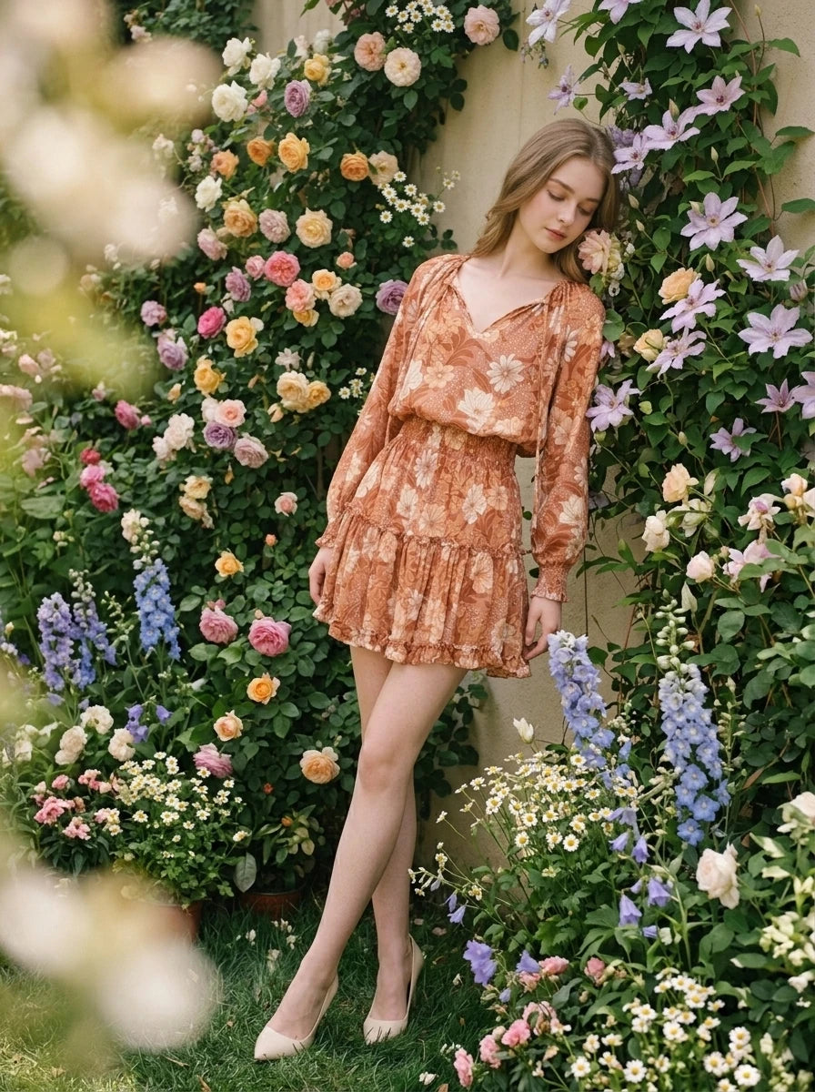 Woman wearing a floral print mini dress with long sleeves and a tie-neck leaning against a wall with flowers