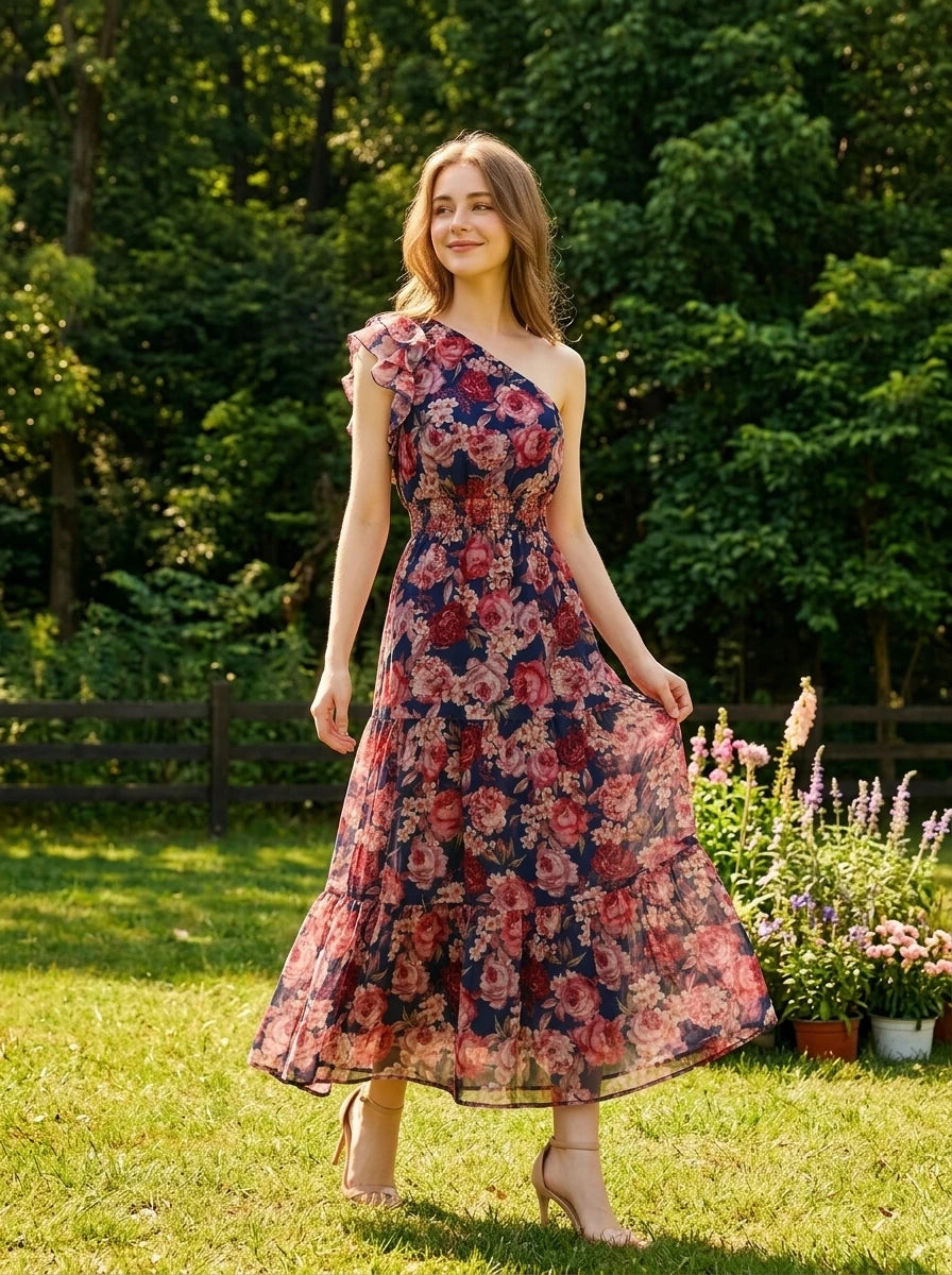 Woman in a navy floral print one-shoulder midi dress with a tiered skirt walking in a grassy garden.
