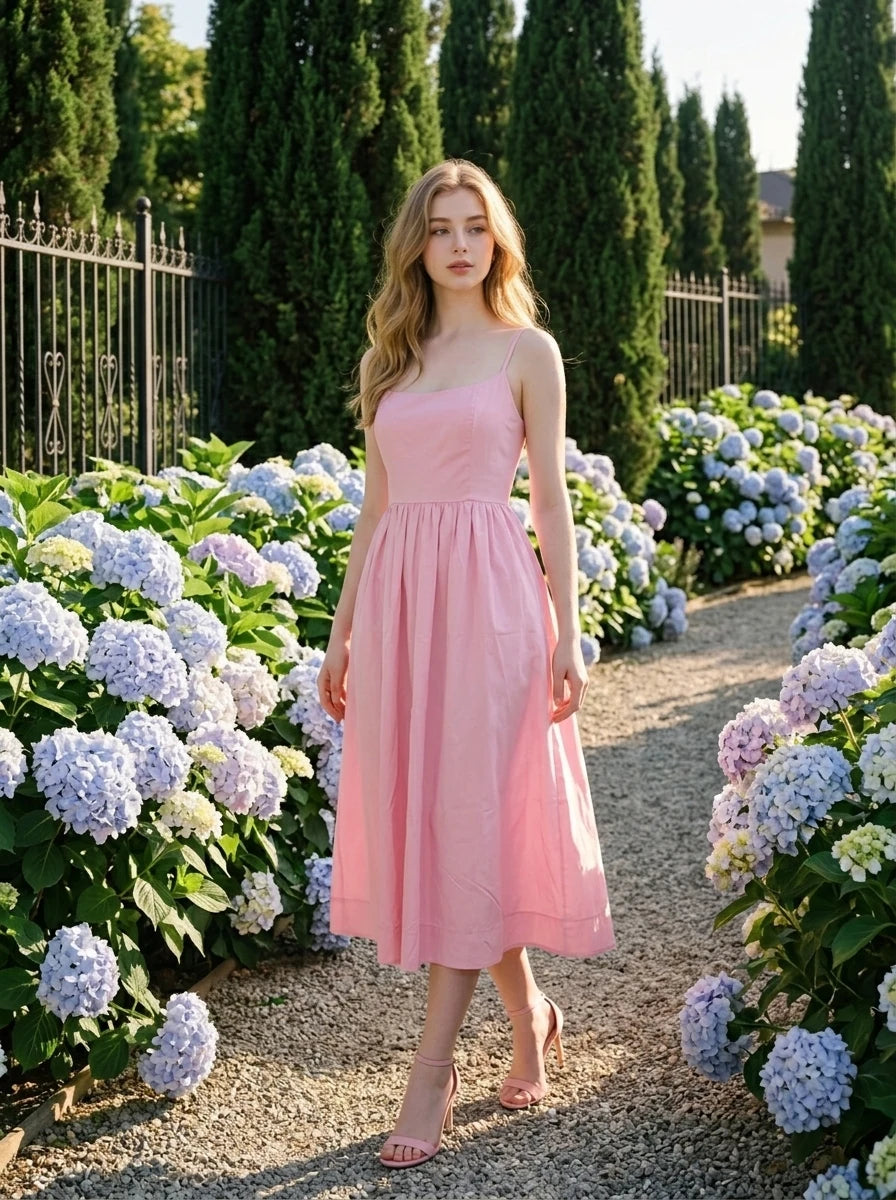 Woman wearing a pink midi dress with spaghetti straps and a square neckline, walking in a garden with hydrangeas.