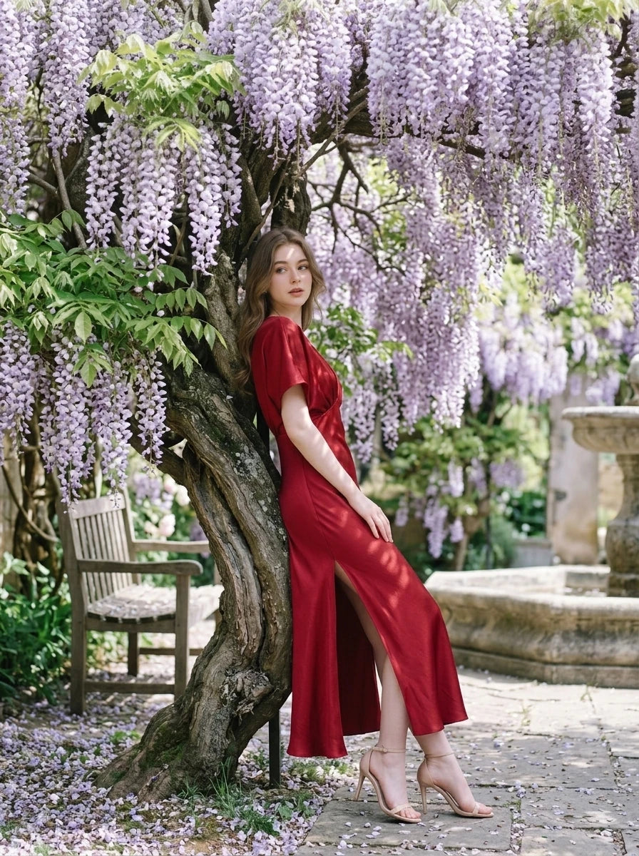 Woman in a red satin V-neck dress with kimono sleeves and a high slit, leaning against a tree with wisteria