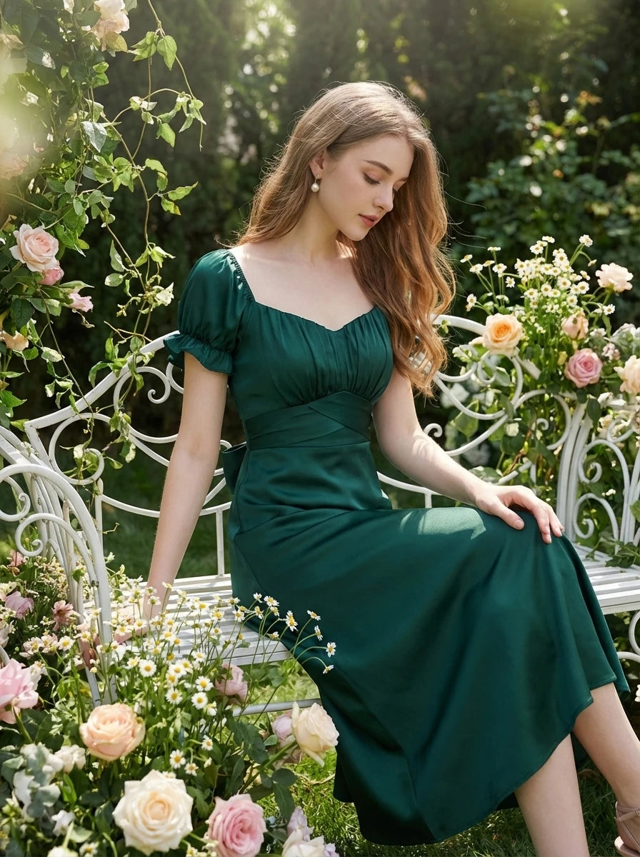 Puff Sleeve Midi Dress | Sweetheart Neckline