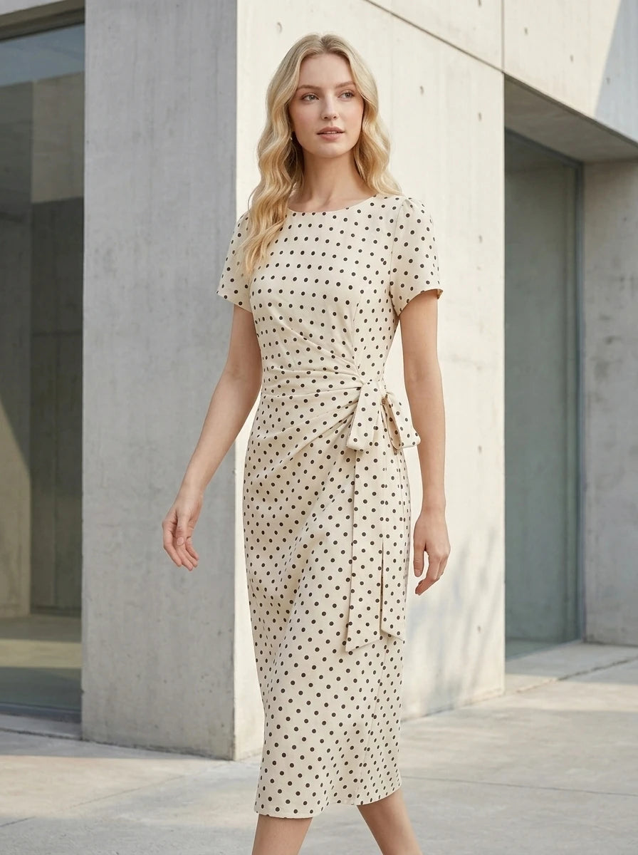 Woman walking outdoors wearing a cream polka dot midi wrap dress