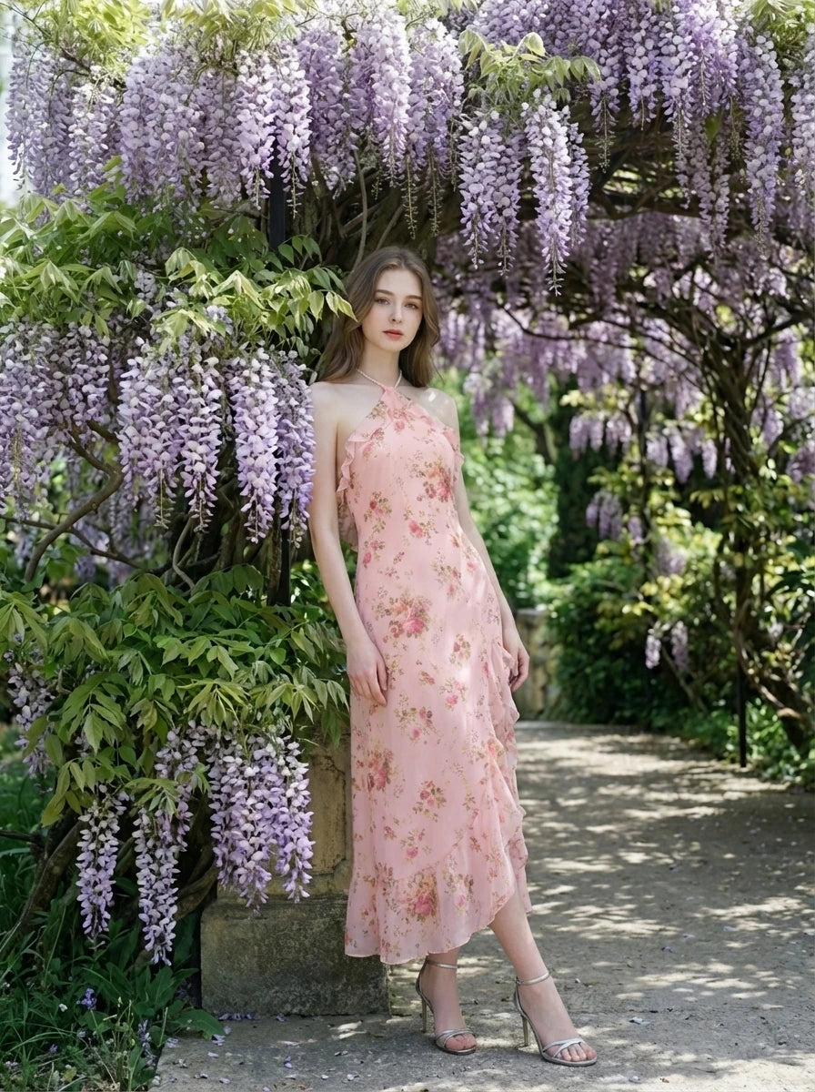 Woman in a pink floral print halter neck midi dress with ruffle trim and a high slit posing near wisteria