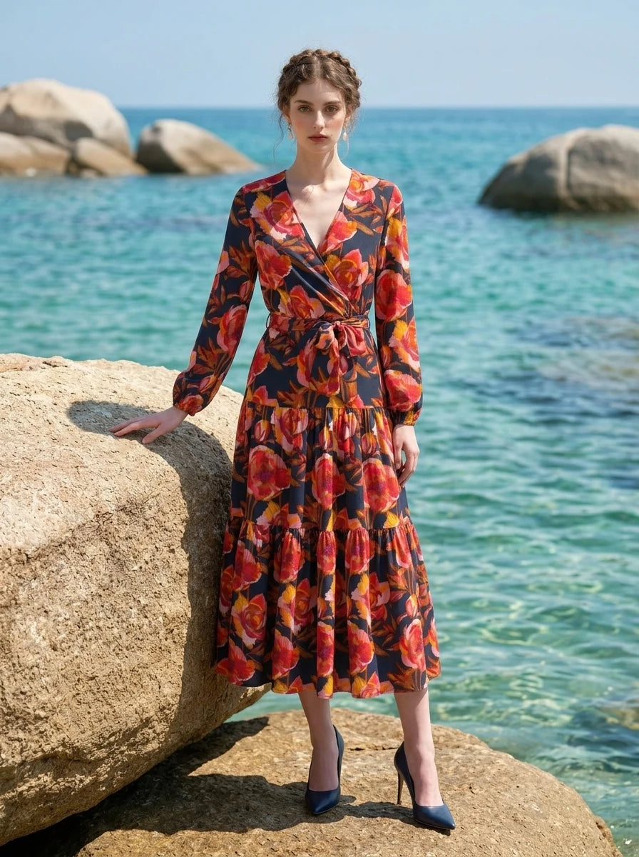 Model posing on rocks by the sea, wearing a navy blue floral print midi dress with long sleeves and a V-neck wrap style.