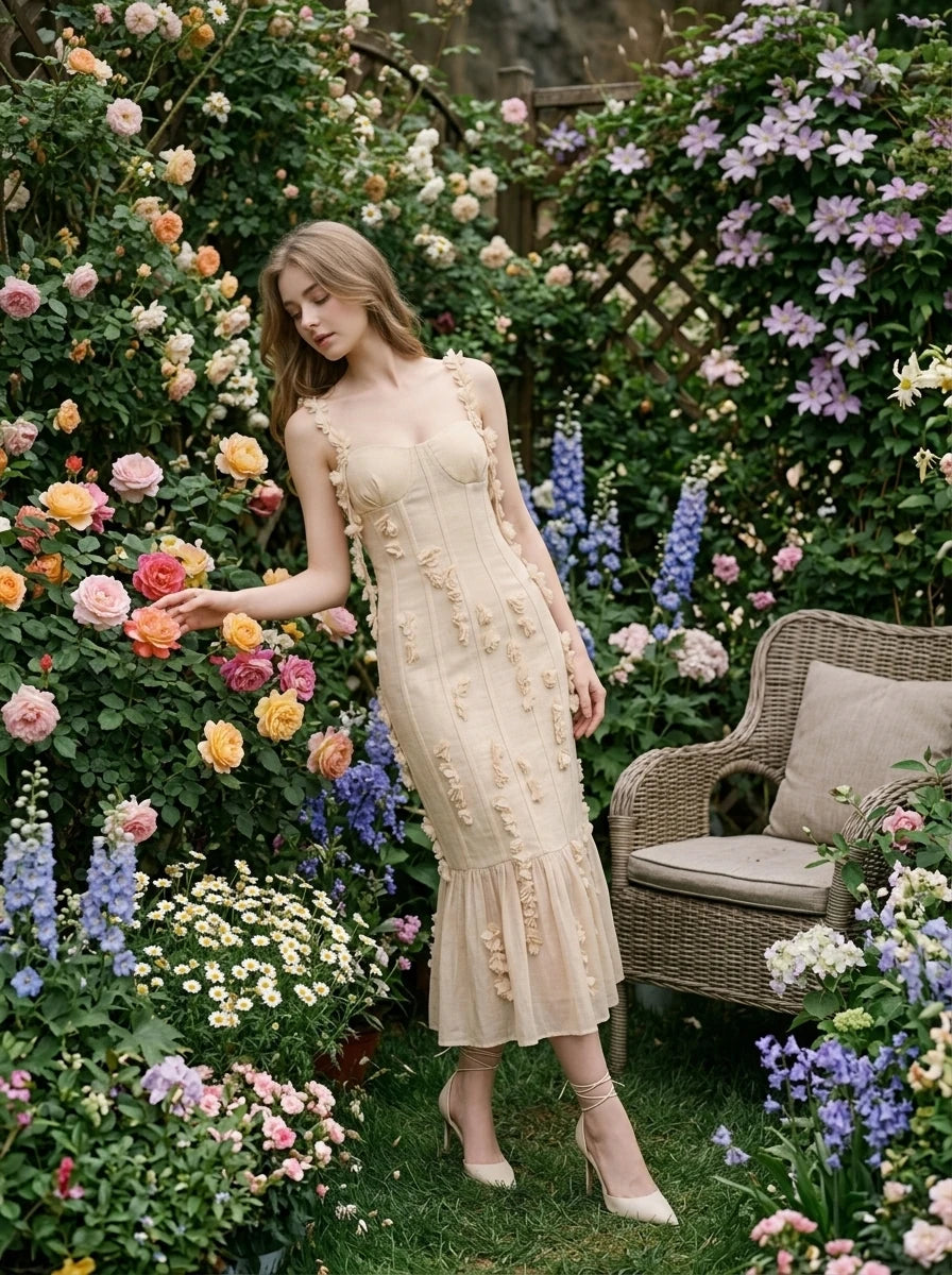 Woman wearing a cream-colored midi dress with 3D floral embellishments and a ruffled hem, standing in a garden with roses and a chair.