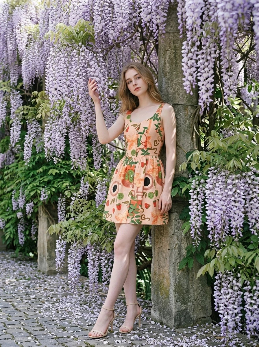 Woman in a peachy-pink, fruit and coffee cup print dress with a scoop neck and sleeveless design, standing near a wisteria-covered wall.