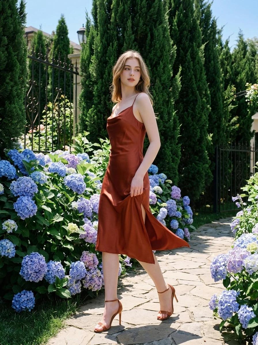 Woman walking in a rust-colored satin slip dress with spaghetti straps, a cowl neckline, and an asymmetrical hemline, in an outdoor garden setting with blue hydrangeas.