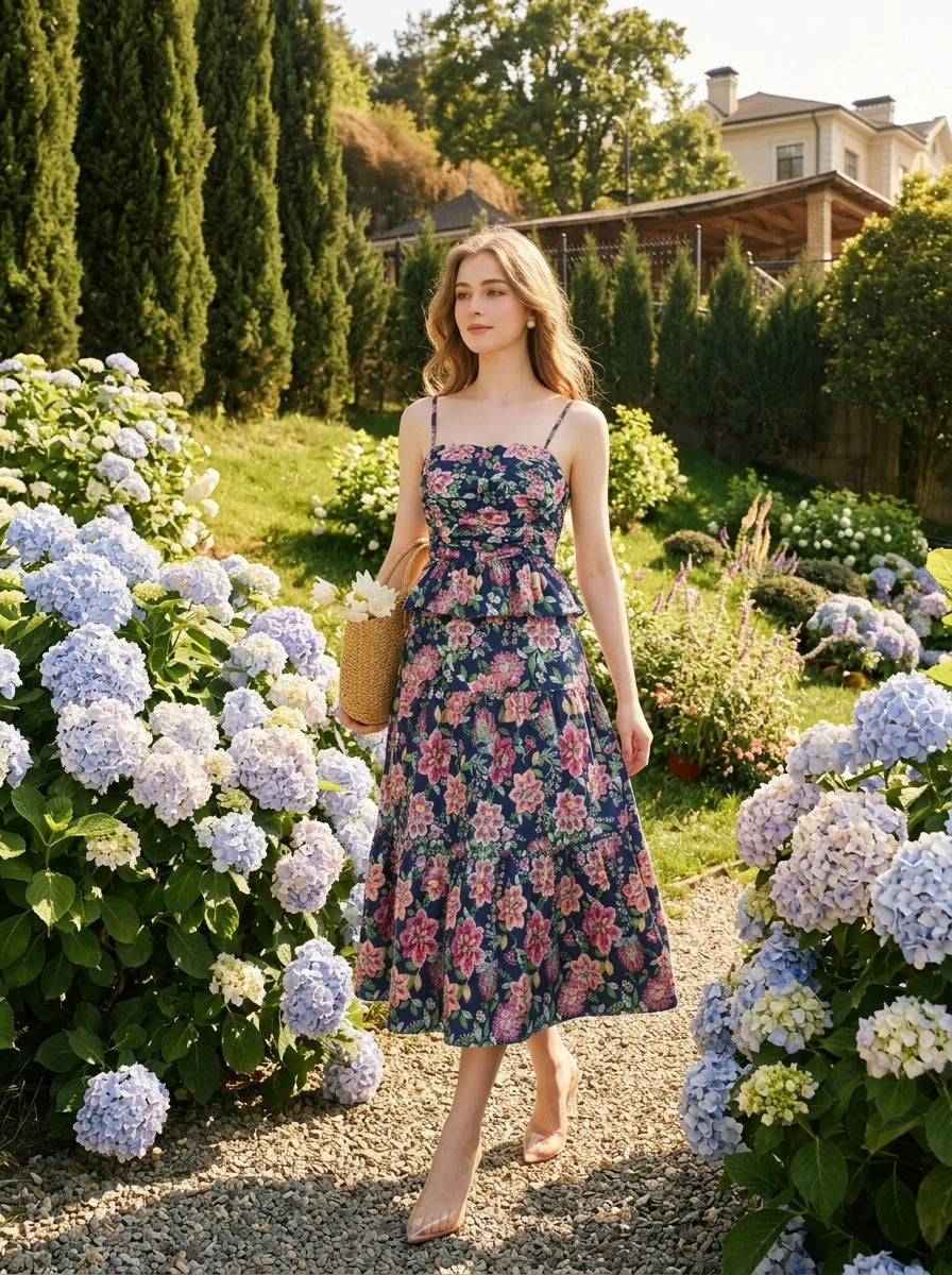 Woman wearing a navy floral print midi dress with spaghetti straps and a peplum waist, walking through a garden with hydrangeas.