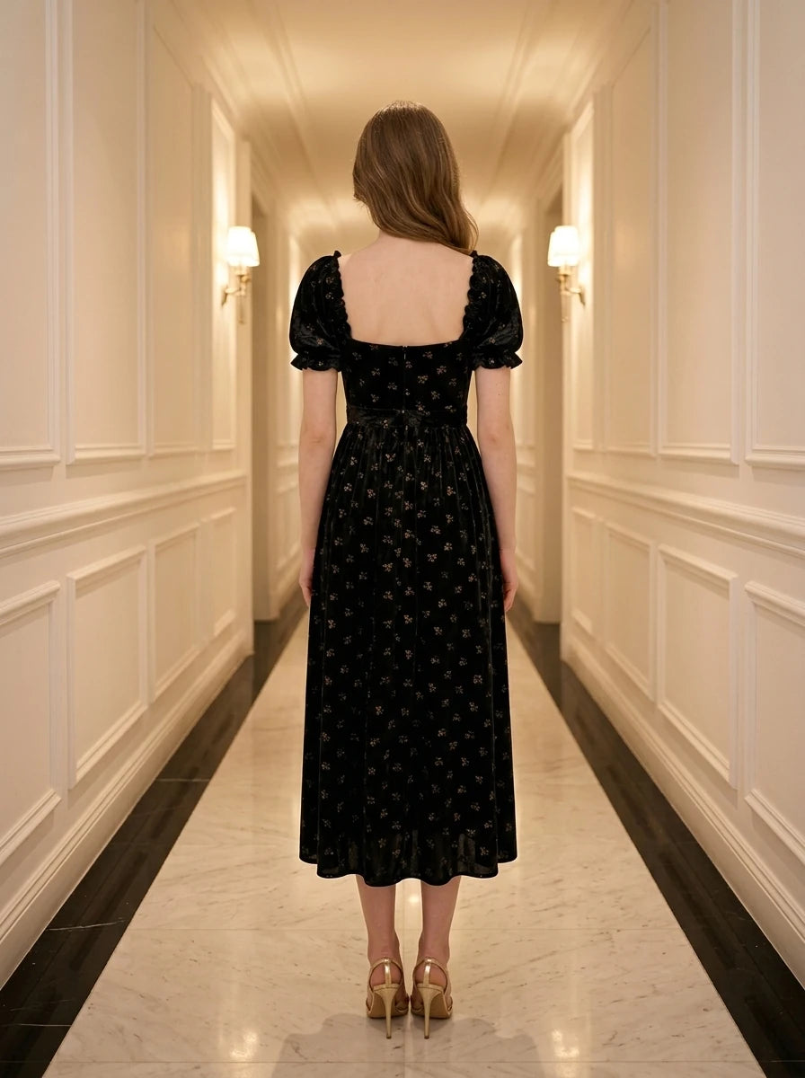 Woman wearing a black floral burnout velvet midi dress with puff sleeves and a sweetheart neckline, standing in a hallway.