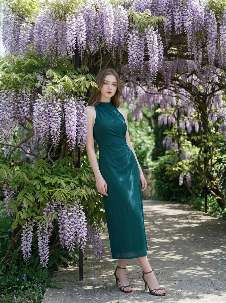 Fitted High Neck Midi Dress