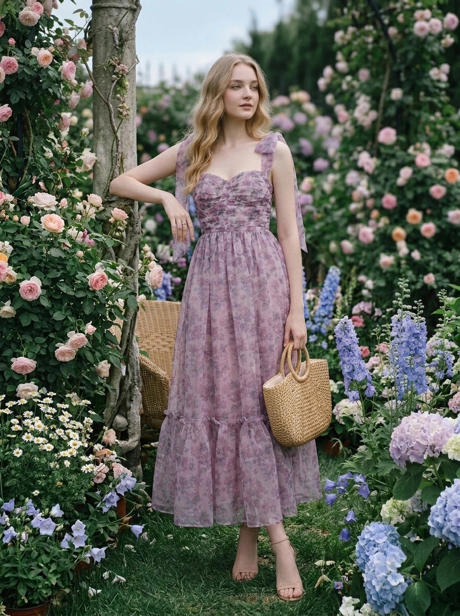 Woman posing in a floral print dress in a garden