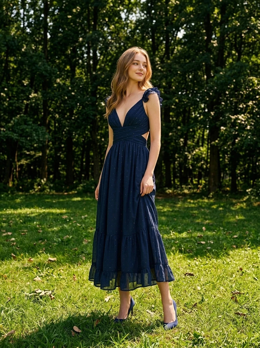 Woman standing in a park wearing a navy blue polka dot midi dress with a deep V-neck and ruffled straps.