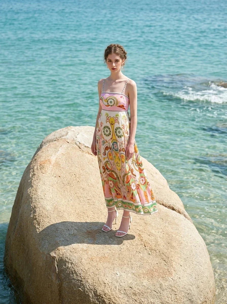 Full-length shot of a woman wearing a colorful printed midi dress on a rock formation in the ocean.