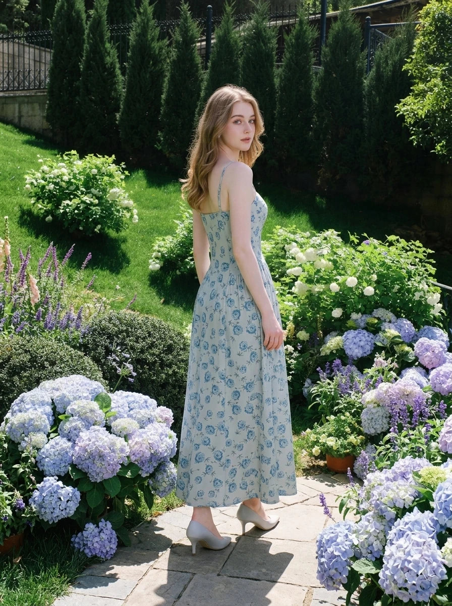 Woman standing in a garden with hydrangeas wearing a light blue floral print midi dress