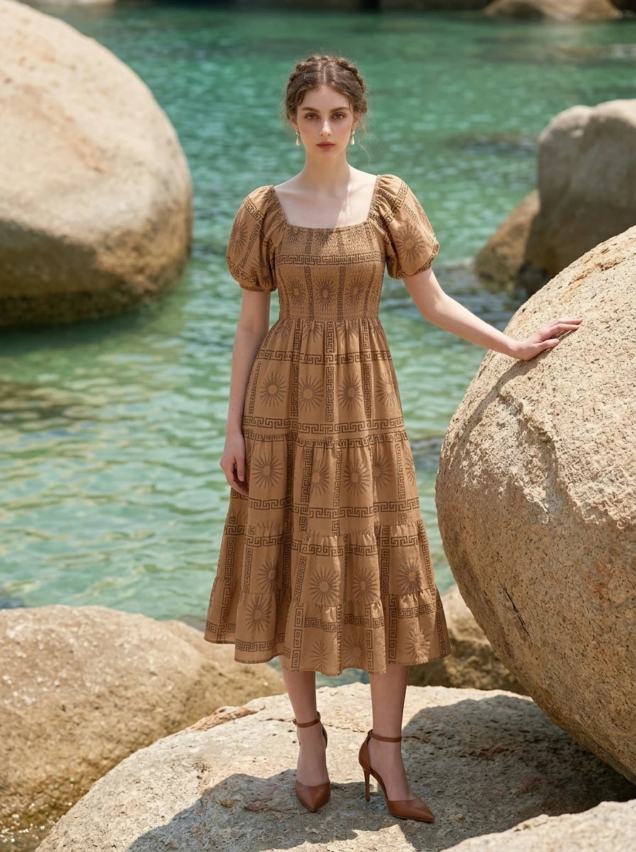 Woman leaning on a rock by the water, wearing a tan midi dress with a smocked bodice, puff sleeves, and a tiered skirt with a sun and Greek key print.