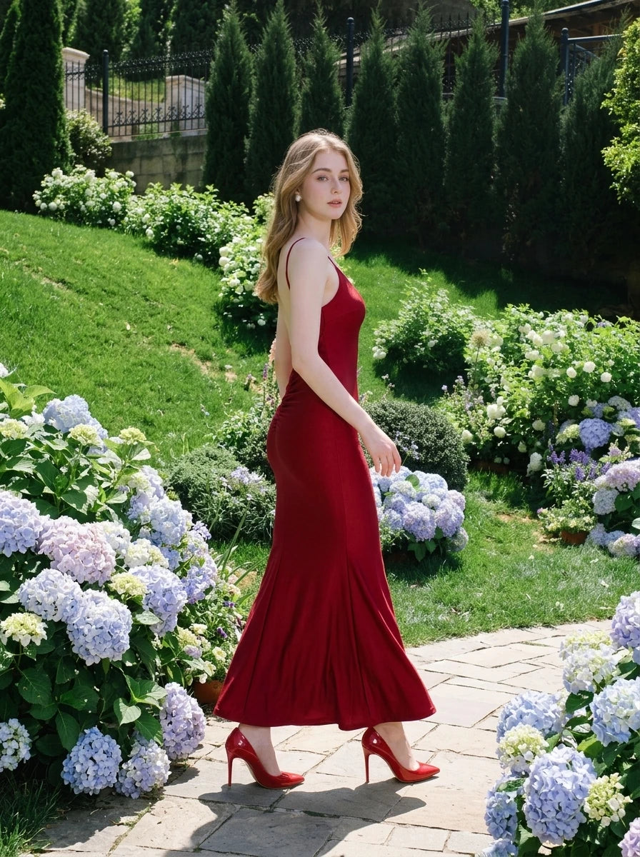 Woman wearing a long, red satin formal dress with spaghetti straps and a V-neckline, walking on a stone path in a garden with hydrangeas.