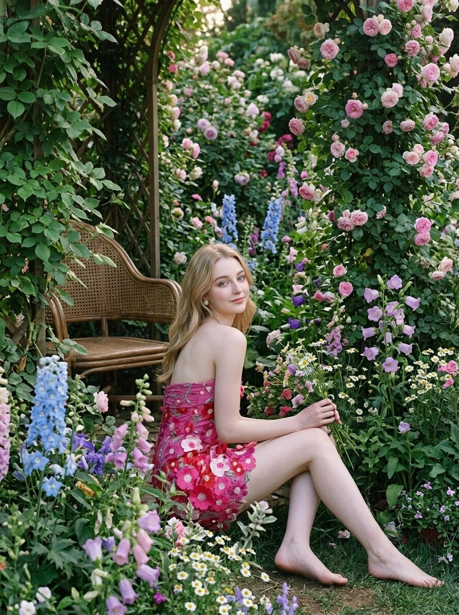 Woman in a strapless pink floral embroidered mini dress sitting in a garden