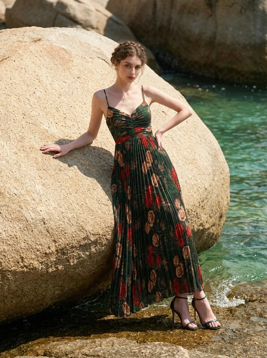 Floral Pleated Maxi Dress with V-Neck