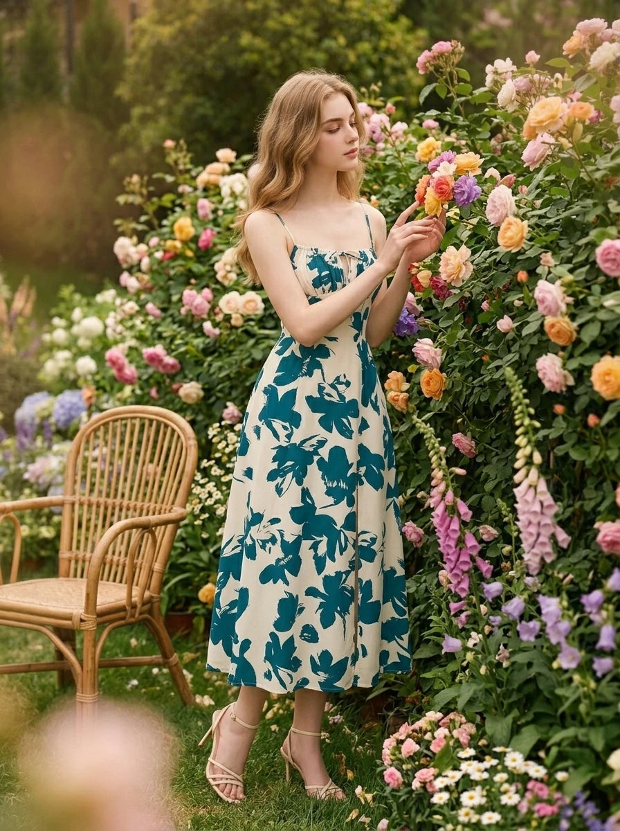 Woman in a cream and teal floral print midi dress with spaghetti straps and a tie-front bodice, interacting with flowers in a garden setting.