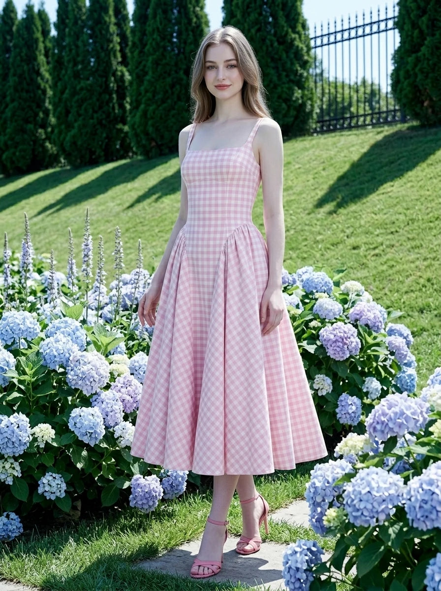 woman in a pink gingham dress posing in a garden with hydrangeas