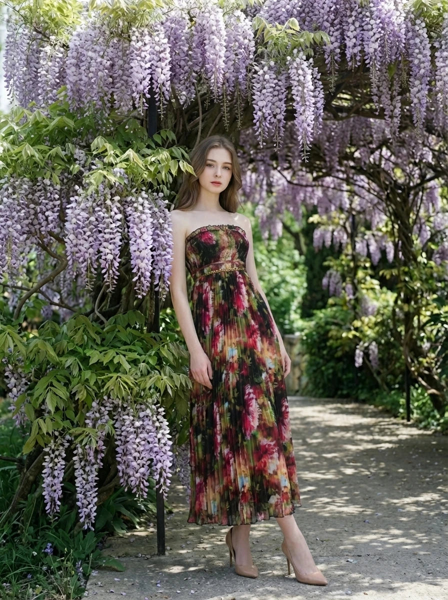 Strapless Pleated Maxi Dress