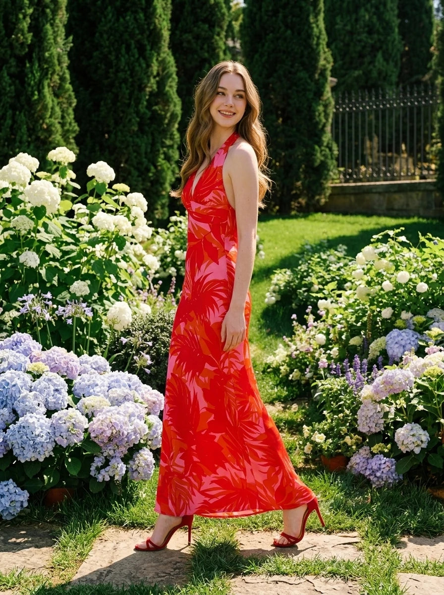 Woman wearing a long red halter neck dress with a tropical leaf print, walking in a garden.