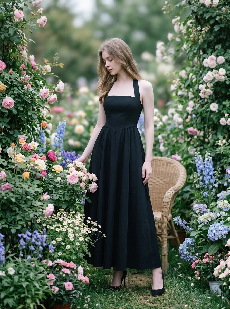woman in a black midi halter dress surrounded by flowers