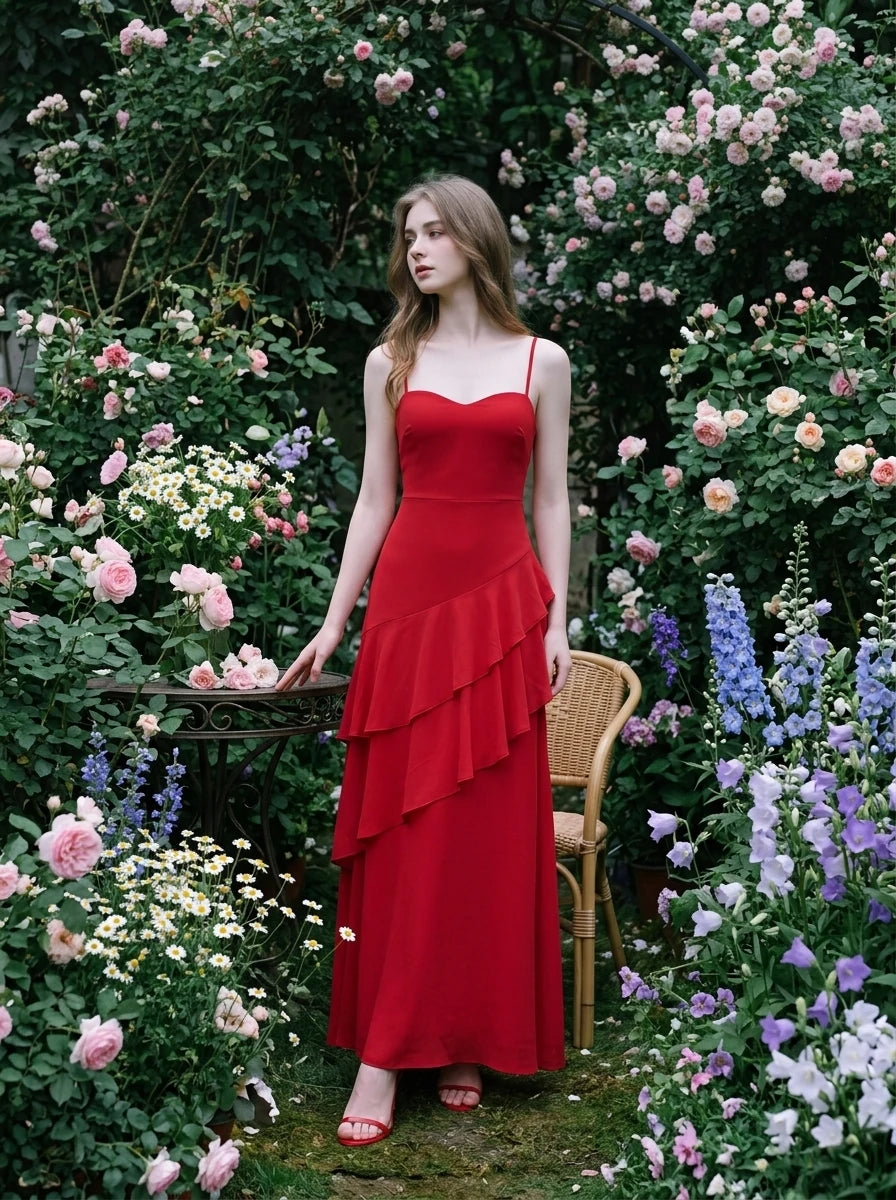 Woman in a red, floor-length, spaghetti strap dress with ruffle detailing, posing in a rose garden