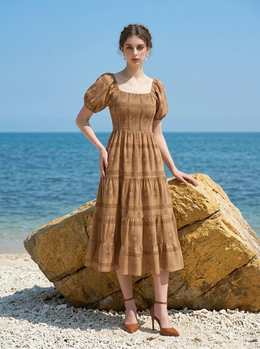 Woman posing by a large rock on a beach, wearing a tan midi dress with a smocked bodice, puff sleeves, and a print.