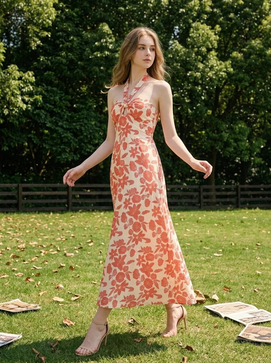 Woman walking in a field wearing a cream and coral floral print halter neck midi dress
