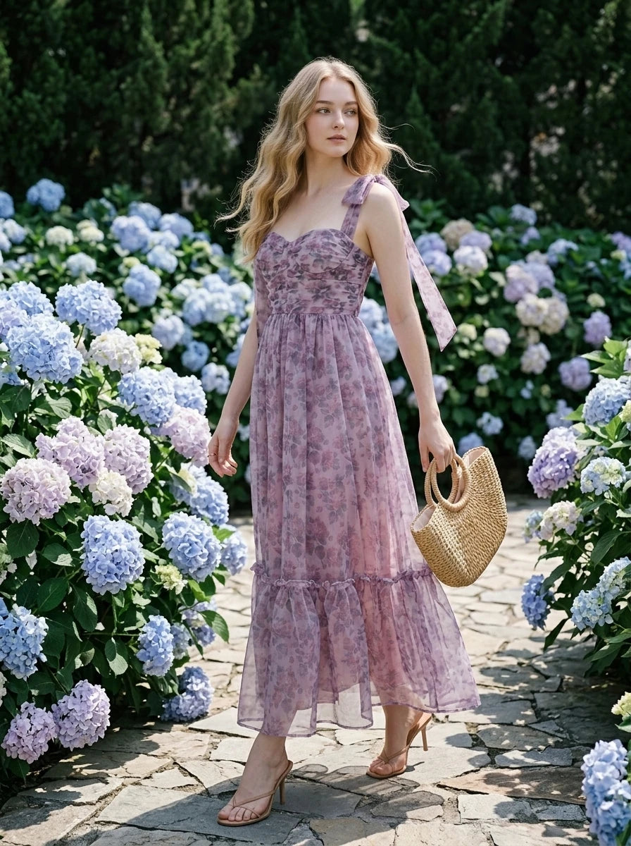 Woman in a floral print dress walking outdoors