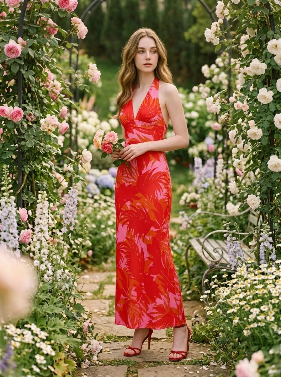 Woman wearing a long red halter neck dress with a tropical leaf print, holding a bouquet of flowers in a garden.