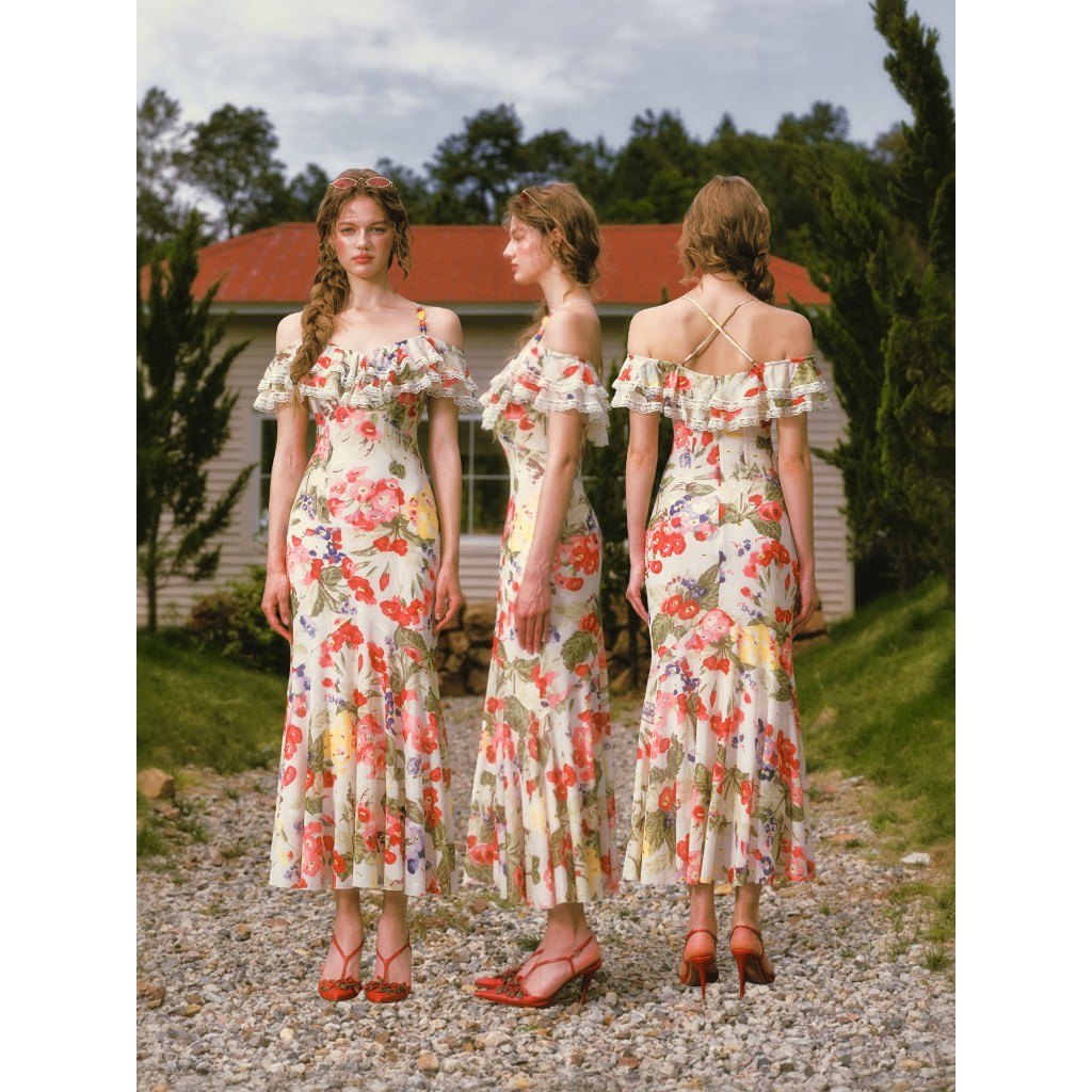 French style floral print midi dress with ruffle edge - View 6 | WEUXS