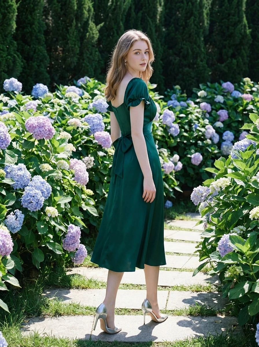 Woman in a green satin midi dress with puff sleeves and a square neckline, posing in a garden with hydrangeas.