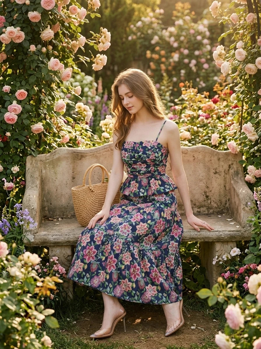 Woman wearing a navy floral print midi dress with spaghetti straps and a peplum waist, sitting on a bench in a rose garden.