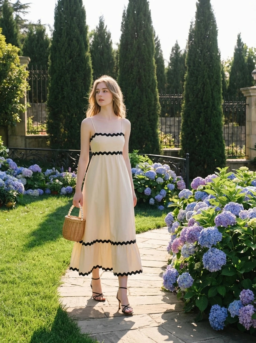 Woman walking in a garden wearing a cream-colored midi dress with black trim and carrying a straw bag.