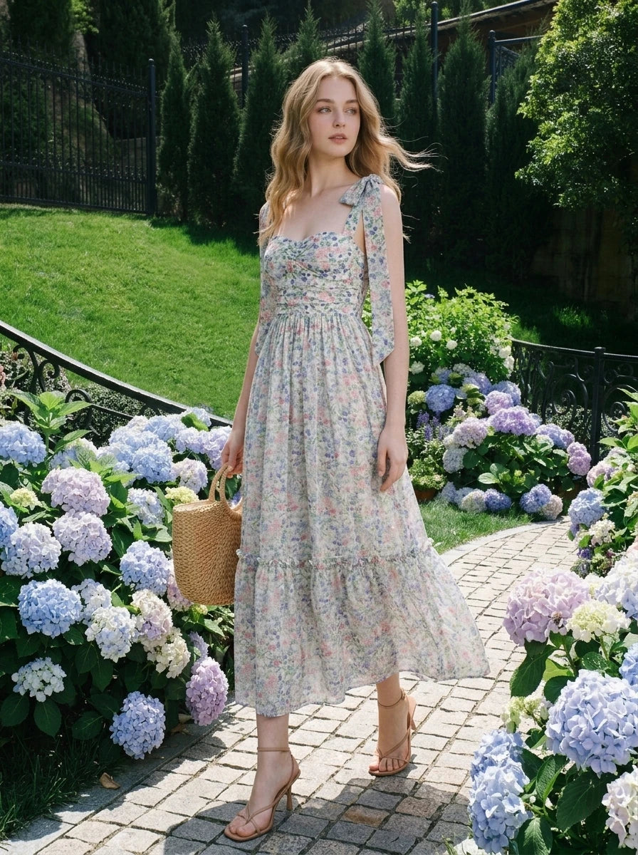 Woman in a floral print midi dress walking in a garden