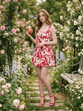 Woman wearing a red and white floral print sleeveless fit and flare dress with a square neckline, holding flowers in a garden.