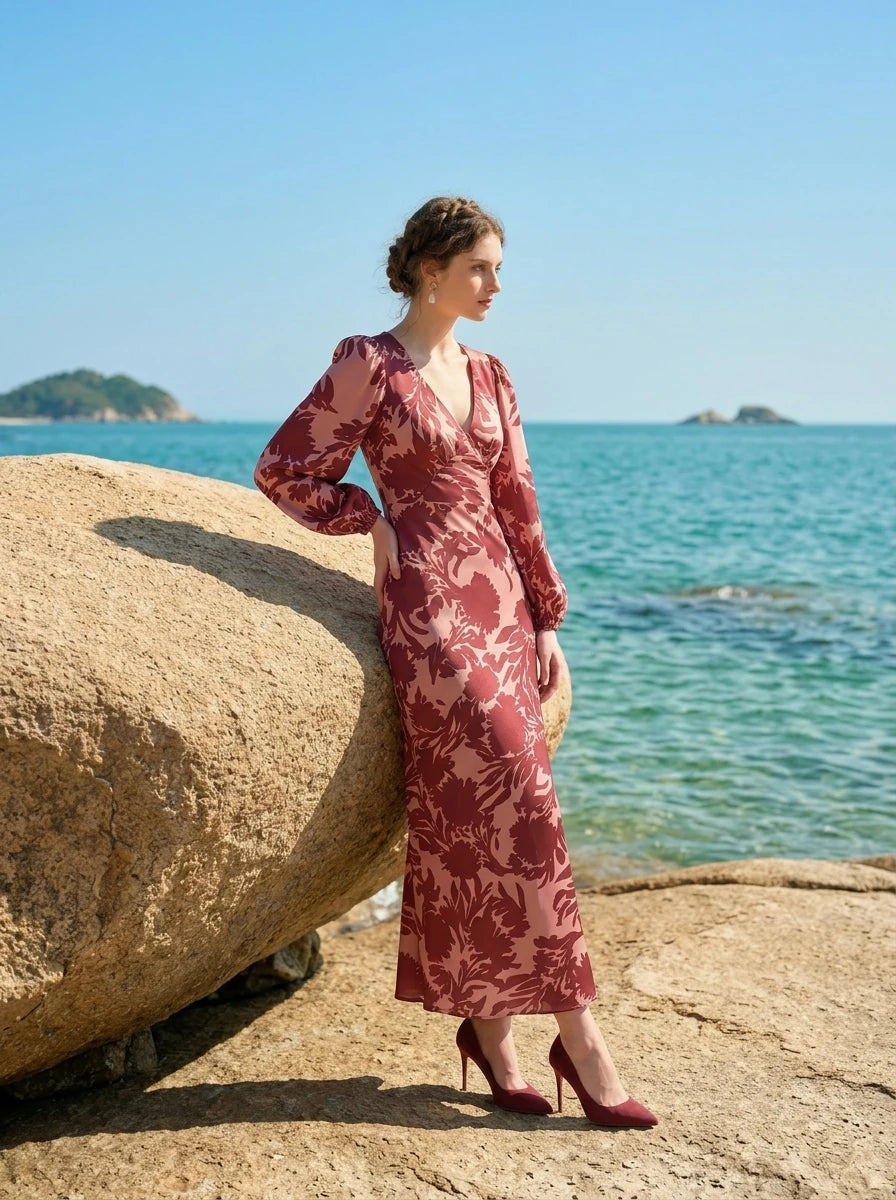 Woman leaning against a large rock by the sea wearing a long, floral print, V-neck dress with long balloon sleeves.