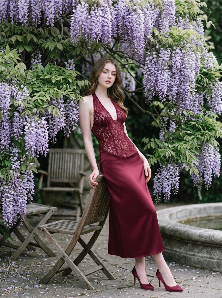 Woman in a burgundy lace and satin halter neck dress leaning against a chair in a garden