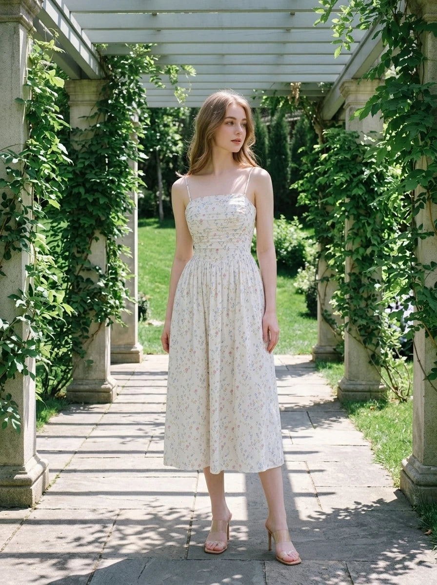 Woman posing under a pergola wearing a floral print midi dress.