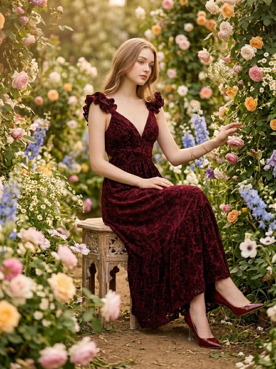 Woman sitting on a bench in a garden, wearing a burgundy velvet burnout A-line maxi dress with a V-neckline and ruffled cap sleeves.