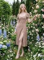 Floral Midi Dress with Ruched Neckline