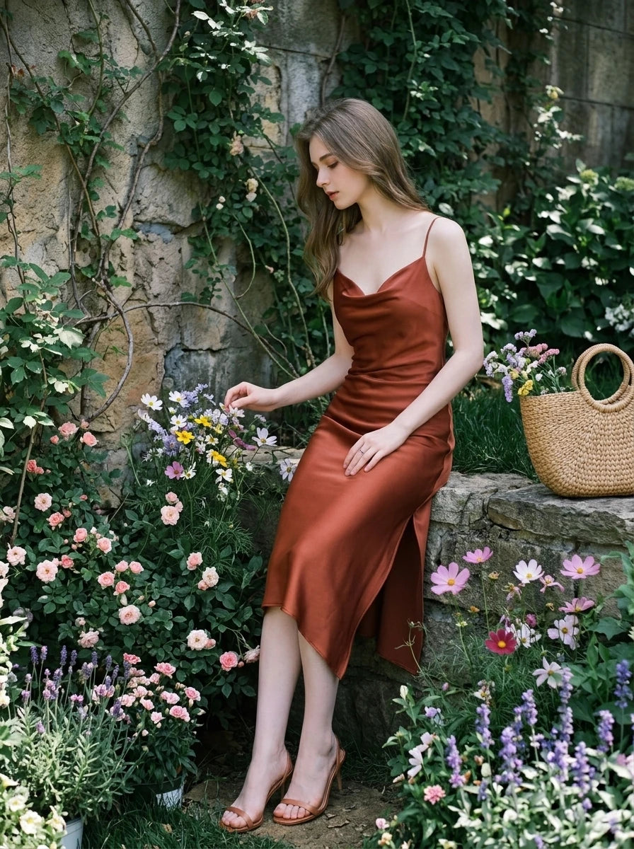 Woman sitting in a rust-colored satin slip dress with spaghetti straps and a cowl neckline, in an outdoor garden setting with pink and purple flowers.